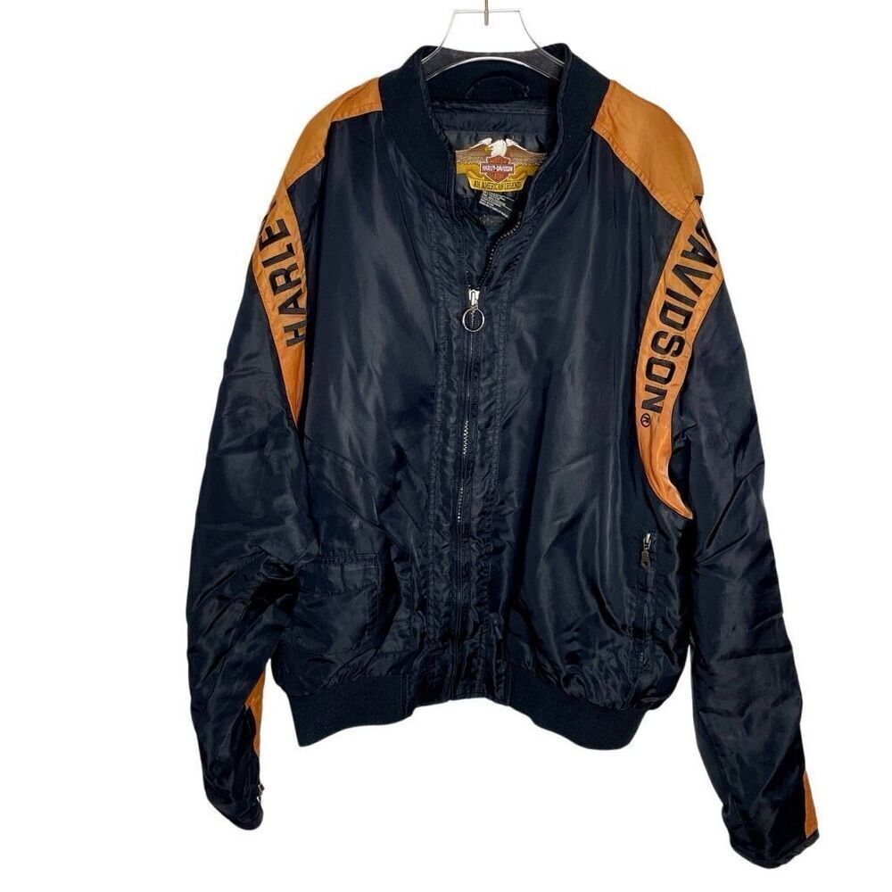 Harley Davidson Men’s Racing Jacket Black Bar Shield Orange Nylon Bomber Zip XL